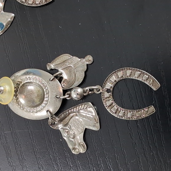 Blue and Silver Western Cowboy Hat Earrings With Charms Horse Earrings Dangling - Picture 5 of 11